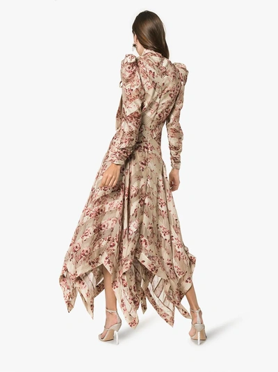 Shop Zimmermann Floral Printed And Neck Tie Silk-blend Dress In Nude/neutrals