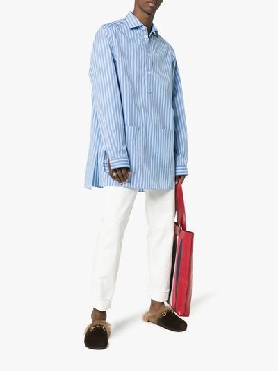 Shop Gucci Oversized Stripe Print Cotton Shirt In Blue
