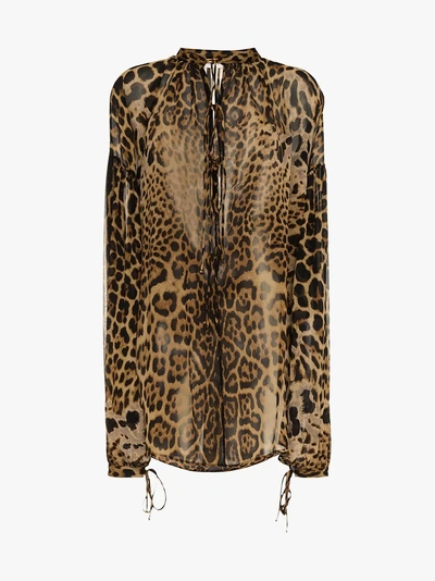 Shop Saint Laurent Leopard Print Silk Blouse In Brown