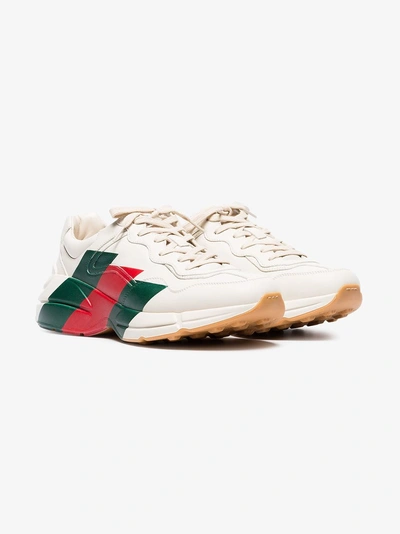 Shop Gucci Red, Green And White Rhyton Web Print Leather Sneaker