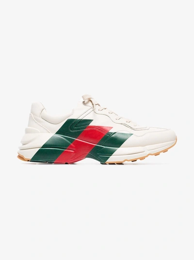 Shop Gucci Red, Green And White Rhyton Web Print Leather Sneaker