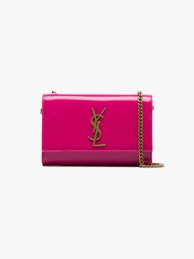 Shop Saint Laurent Pink Patent Leather Kate Monogram Cross Body Bag In Pink/purple