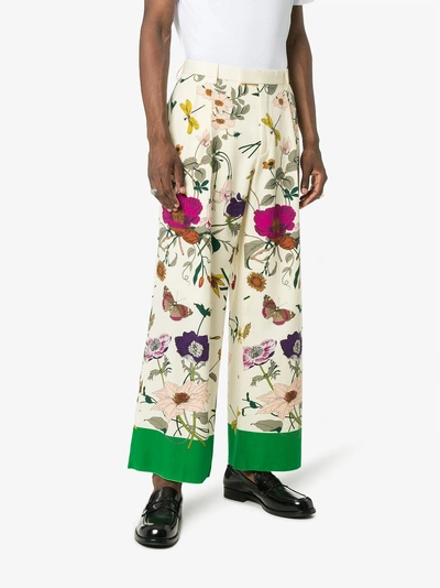 Shop Gucci Floral Print Wide-leg Wool Trousers In White