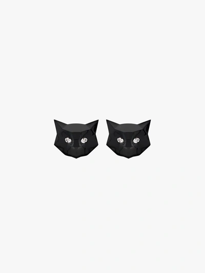 Shop Miu Miu Black Crystal Embellished Cat Earrings