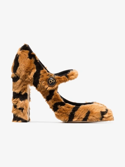 Shop Dolce & Gabbana 100 Faux Fur Mary Jane Pumps In Brown
