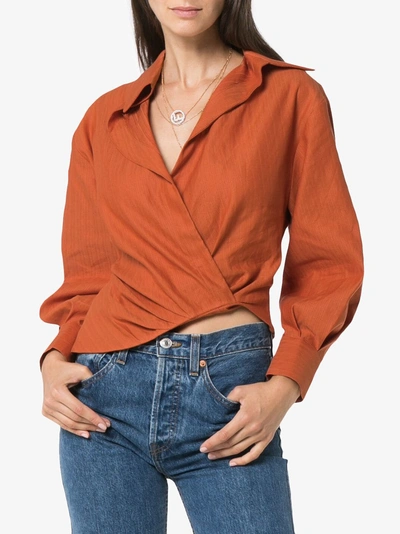 Shop Jacquemus Wrap Asymmetric Linen Cotton Blend Blouse In Yellow/orange