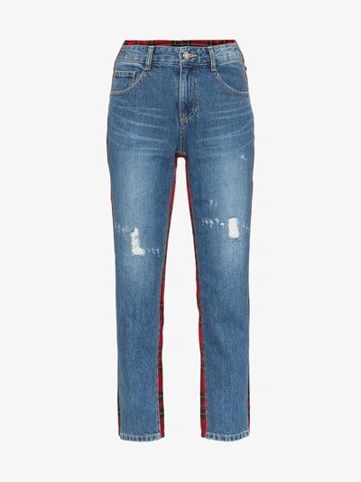 Shop Sjyp Denim And Tartan Straight-leg Jeans In Blue