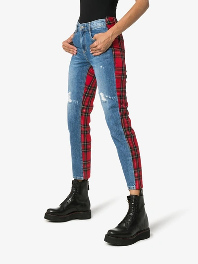 Shop Sjyp Denim And Tartan Straight-leg Jeans In Blue