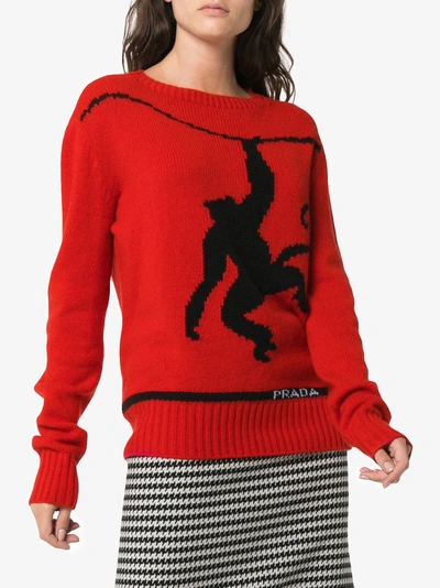 Shop Prada Monkey Intarsia Wool Cashmere Blend Jumper In Red