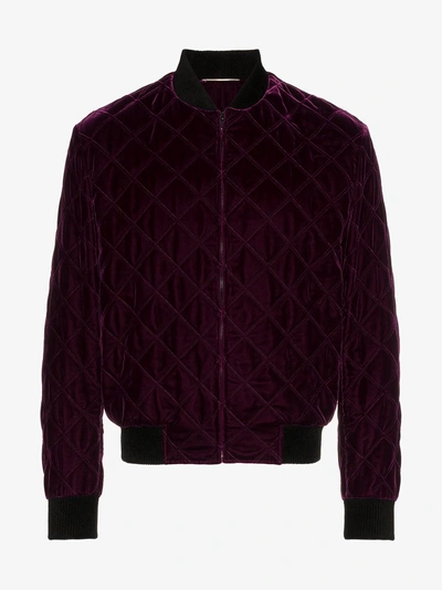 Shop Saint Laurent Velvet Bomber Jacket In Pink/purple