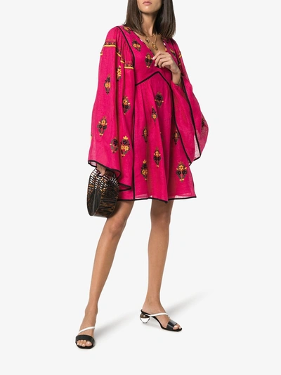 Shop Vita Kin Jasmine V-neck Floral Embroidered Linen Dress In Pink