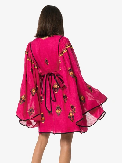 Shop Vita Kin Jasmine V-neck Floral Embroidered Linen Dress In Pink