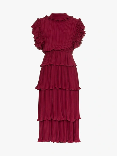 Shop Johanna Ortiz Chants Ruffle Detail Silk Dress In Burgundy