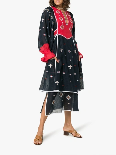 Shop Vita Kin Embroidered Tiered Linen Dress In Blue Red