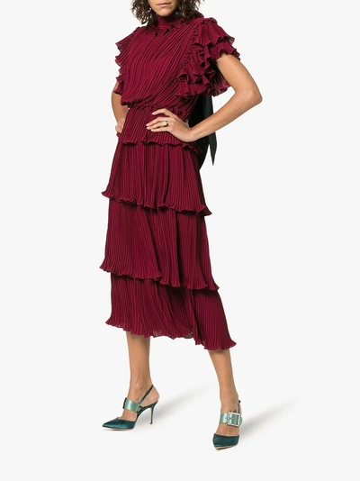 Shop Johanna Ortiz Chants Ruffle Detail Silk Dress In Burgundy