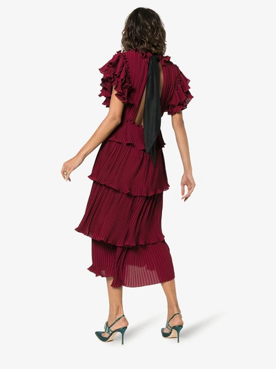 Shop Johanna Ortiz Chants Ruffle Detail Silk Dress In Burgundy