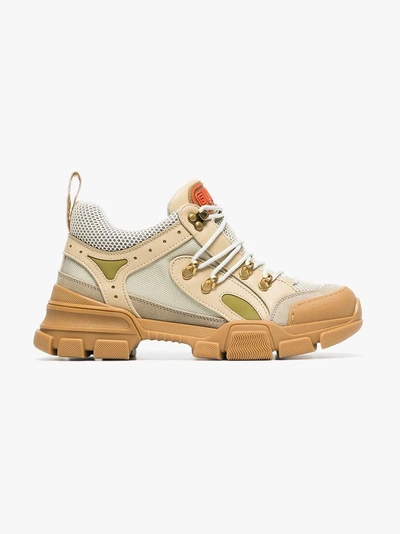 Shop Gucci Beige, Green And Brown Flashtrek Leather And Mesh Sneakers In Neutrals