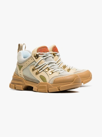 Shop Gucci Beige, Green And Brown Flashtrek Leather And Mesh Sneakers In Neutrals