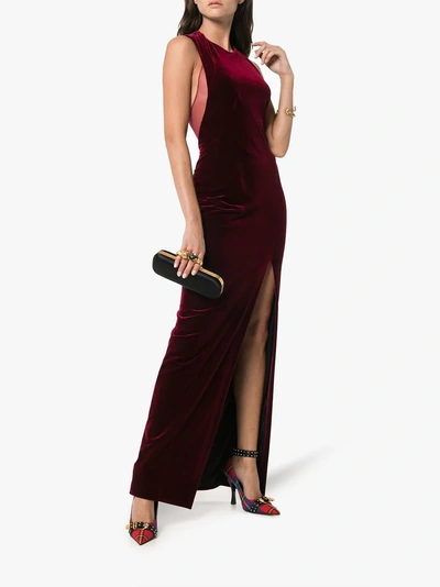 Shop Galvan Crescent Thigh Split Velvet Dress In Red