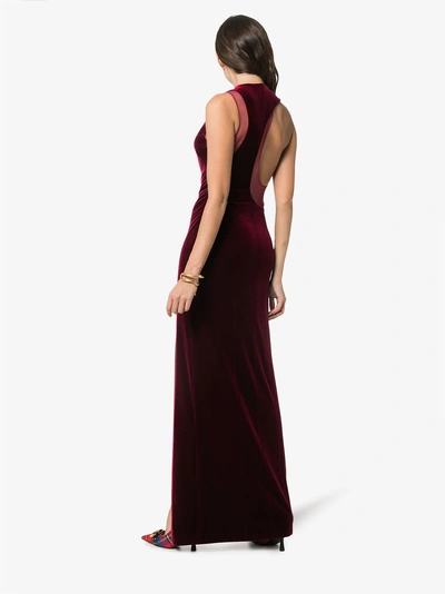 Shop Galvan Crescent Thigh Split Velvet Dress In Red