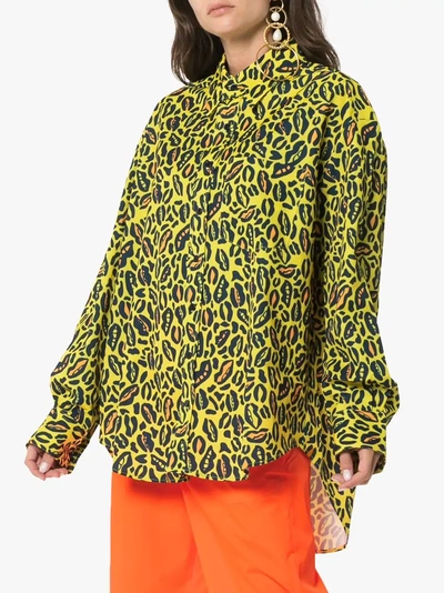Shop Charm's Oversized Leopard Print Cotton-blend Shirt In Yellow Blue
