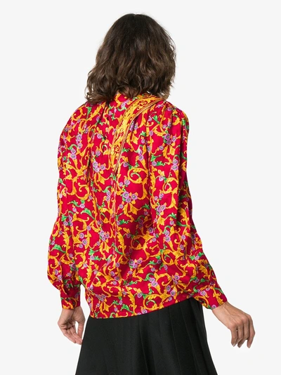 Shop Push Button Pushbutton Floral Print Draped Silk Blouse In Red