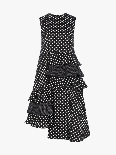 Shop Paskal Polka Dot Ruffle Detail Cotton Dress In Black