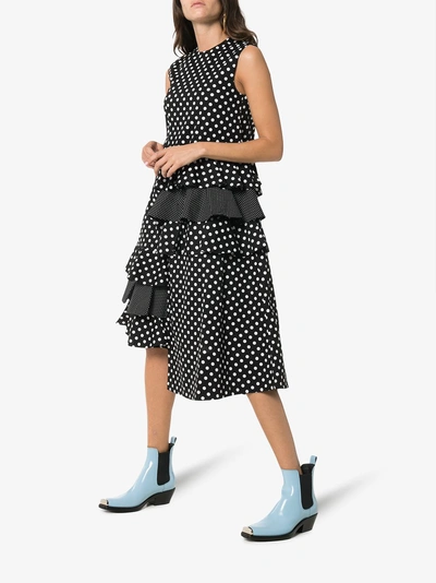 Shop Paskal Polka Dot Ruffle Detail Cotton Dress In Black