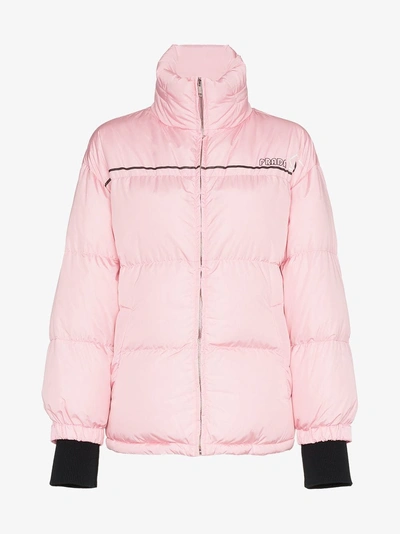 Shop Prada Puffer Jacket With Logo Strap In Pink/purple