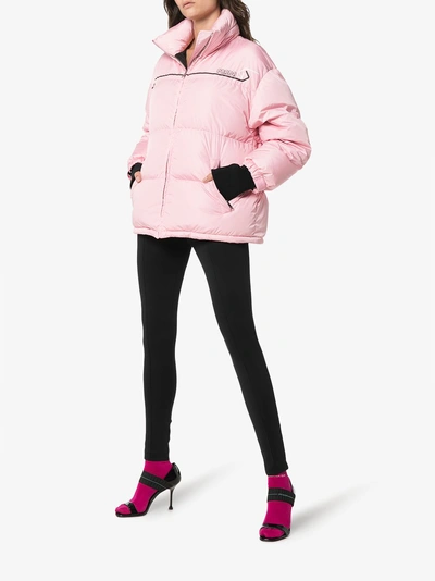 Shop Prada Puffer Jacket With Logo Strap In Pink/purple