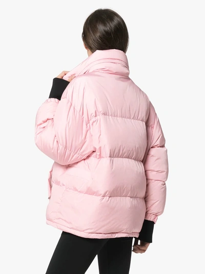 Shop Prada Puffer Jacket With Logo Strap In Pink/purple