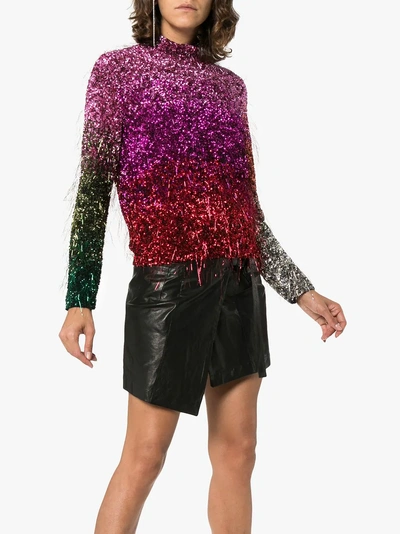 Shop Ashish High Neck Tinsel Embellished Silk Top In Pink/purple