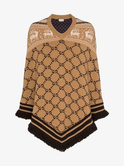 Shop Gucci Gg Logo Knit Wool Poncho In Brown