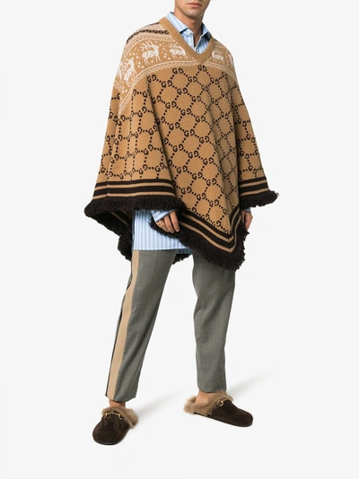 Shop Gucci Gg Logo Knit Wool Poncho In Brown