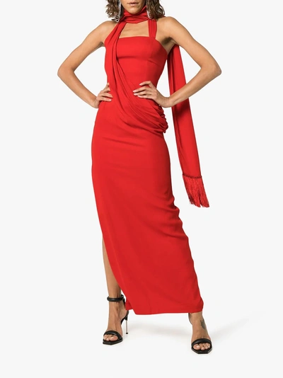 Shop Versace Draped Side-slit Dress In Red