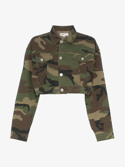 Shop Re/done Cropped Camouflage Cotton-blend Jacket In Green