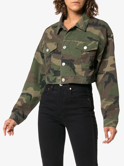 Shop Re/done Cropped Camouflage Cotton-blend Jacket In Green
