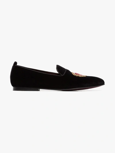 Shop Dolce & Gabbana Black And Red Heart Embroidered Velvet Loafers