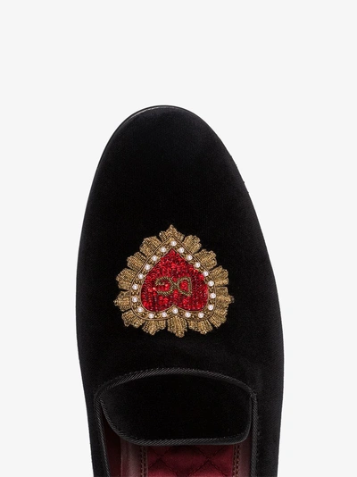 Shop Dolce & Gabbana Black And Red Heart Embroidered Velvet Loafers