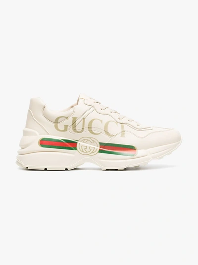 Shop Gucci White Rhyton Web Logo Leather Sneakers In Neutrals