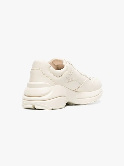 Shop Gucci White Rhyton Web Logo Leather Sneakers In Neutrals
