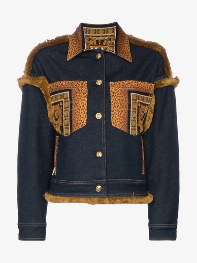 Shop Versace Leopard Print Detail Denim Jacket In Blue
