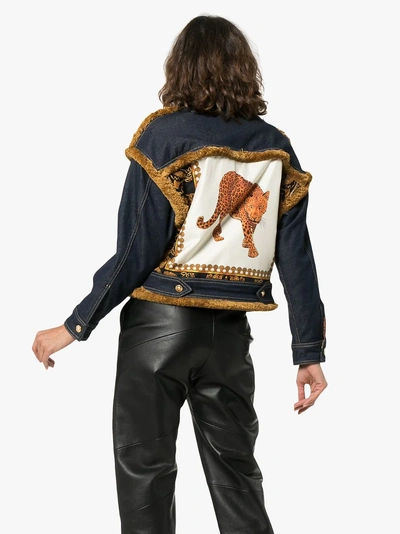 Shop Versace Leopard Print Detail Denim Jacket In Blue