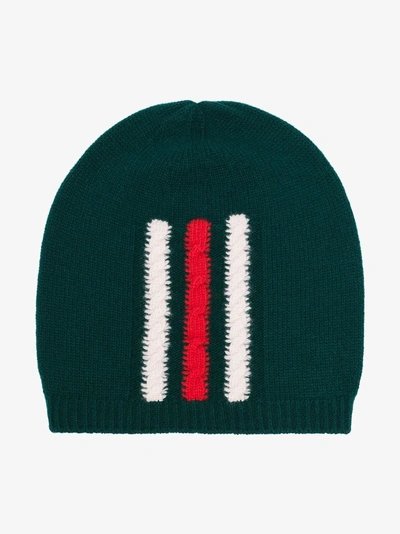 Shop Gucci Green Web Knitted Wool Beanie Hat