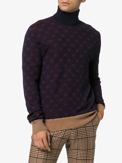 Shop Gucci Gg Logo Turtleneck Knit Sweater In Blue