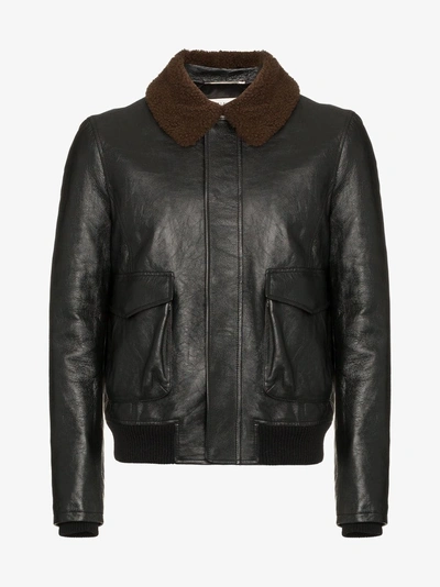 Shop Saint Laurent Shearling Collar Leather Flight Jacket In Black