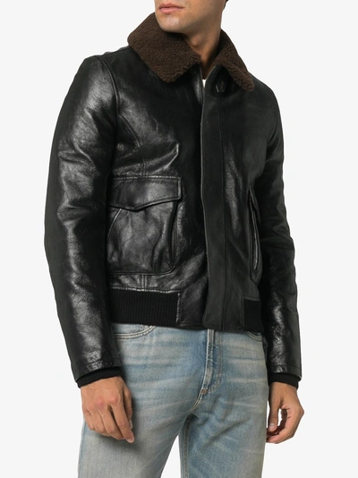 Shop Saint Laurent Shearling Collar Leather Flight Jacket In Black