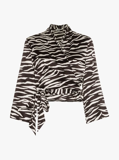 Shop Ganni Blakely Zebra Print Silk Wrap Top In Black