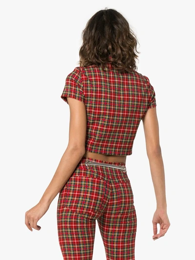 Shop Miaou Raquel Collared Short-sleeved Tartan Crop Top In Red