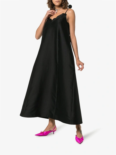 Shop Vika Gazinskaya Scallop-edged Pompom Silk Dress In Black